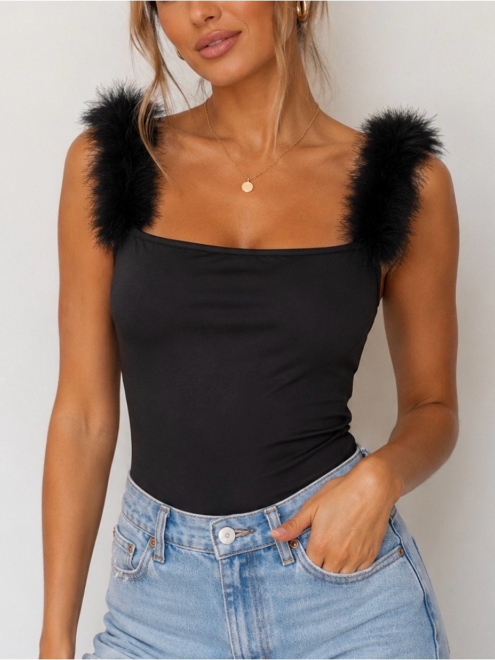 Rose Lily Black Bodysuit with Faux Fur Straps spandex stretch SZ SM
